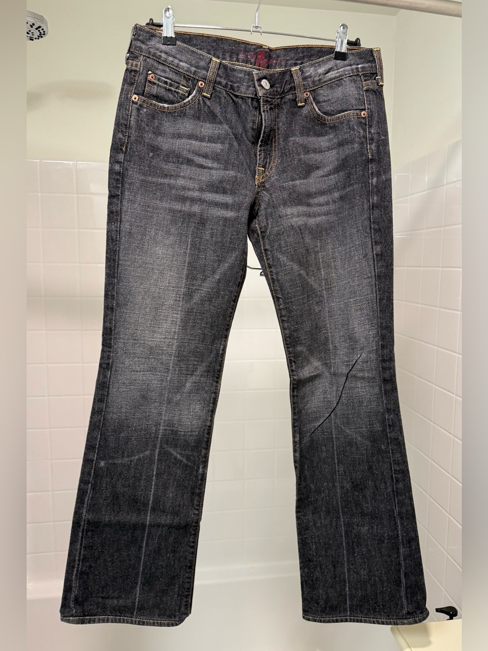 7 For All Mankind Dark Gray Denim Jeans with Yellow Stitching